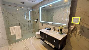 Ein modernes Badezimmer mit einer in Glas abgeschlossenen Dusche, einem großen Spiegel und einem Waschtisch mit Spüle und Handtuchhalter.