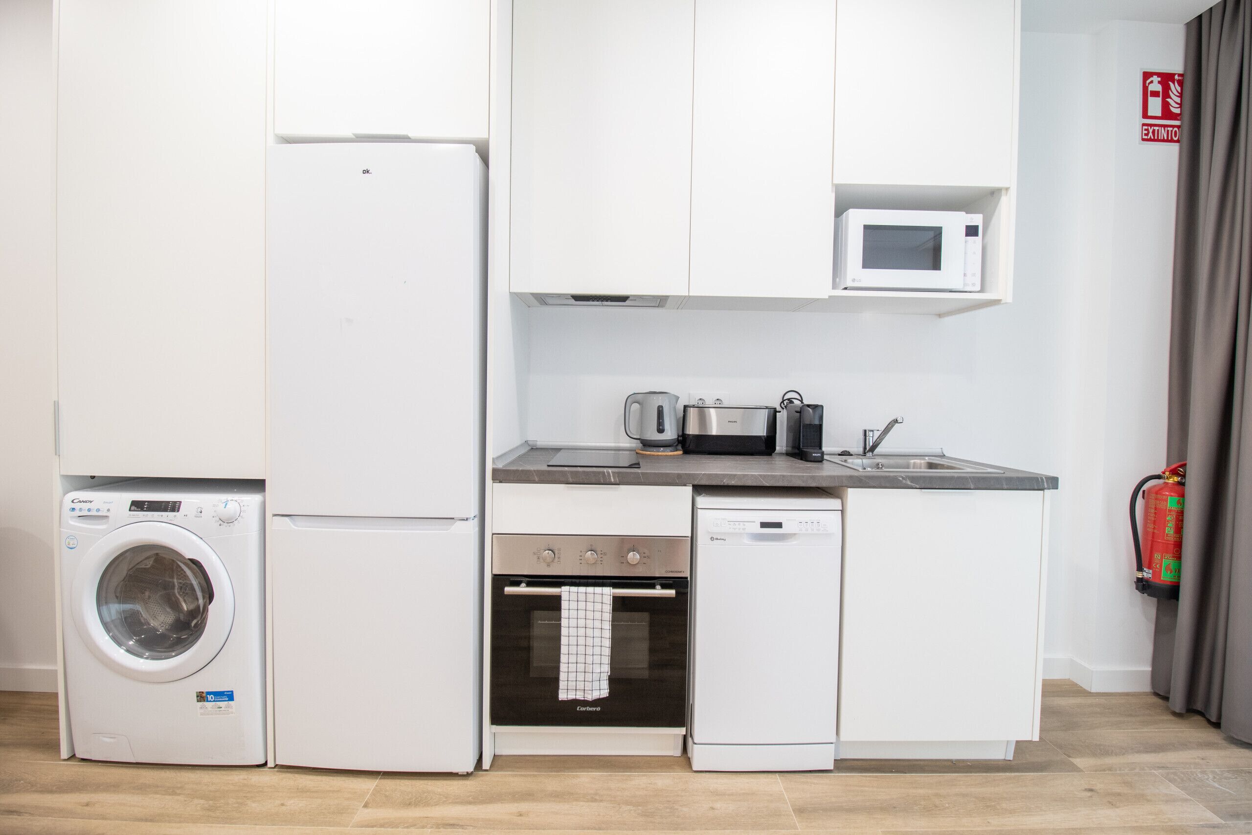 Fridge, microwave, oven, dishwasher