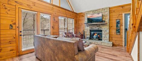 TV, fireplace, books