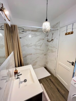 Hair dryer, towels, soap, toilet paper