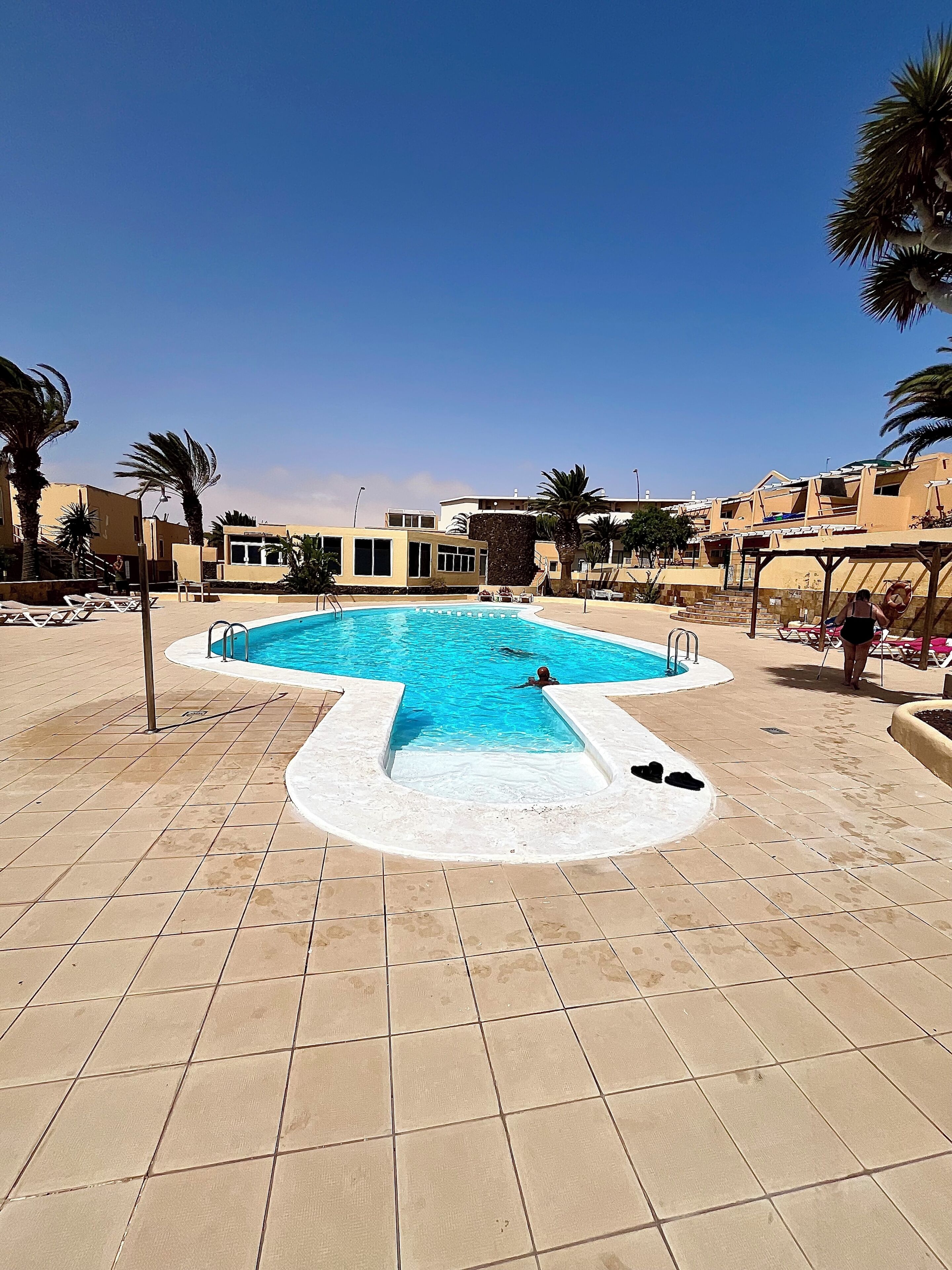 A swimming pool with a tiled deck, surrounded by palm trees and buildings.