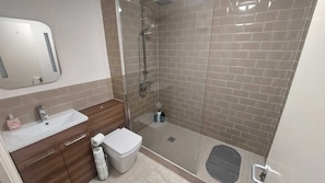 A bathroom with a shower, sink, toilet, and a mirror.
