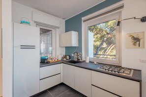 Fridge, oven, electric kettle, toaster