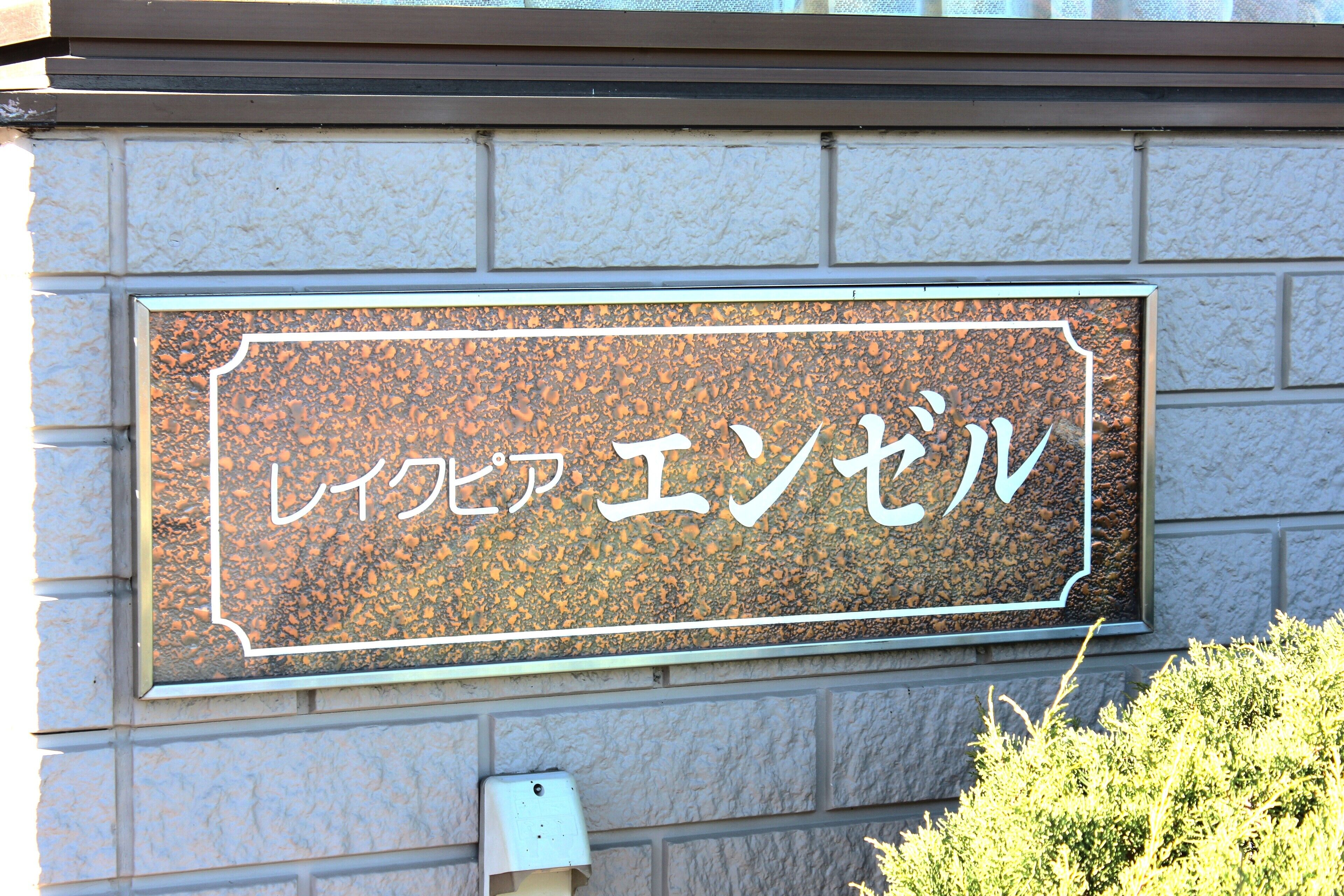 A sign with Japanese characters on a textured wall.