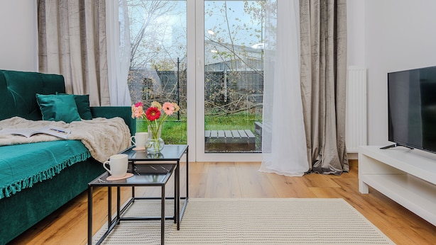 Un salon moderne avec un canapé vert, une table basse ornée d’un vase de fleurs, un téléviseur et une porte-fenêtre coulissante donnant sur un jardin.