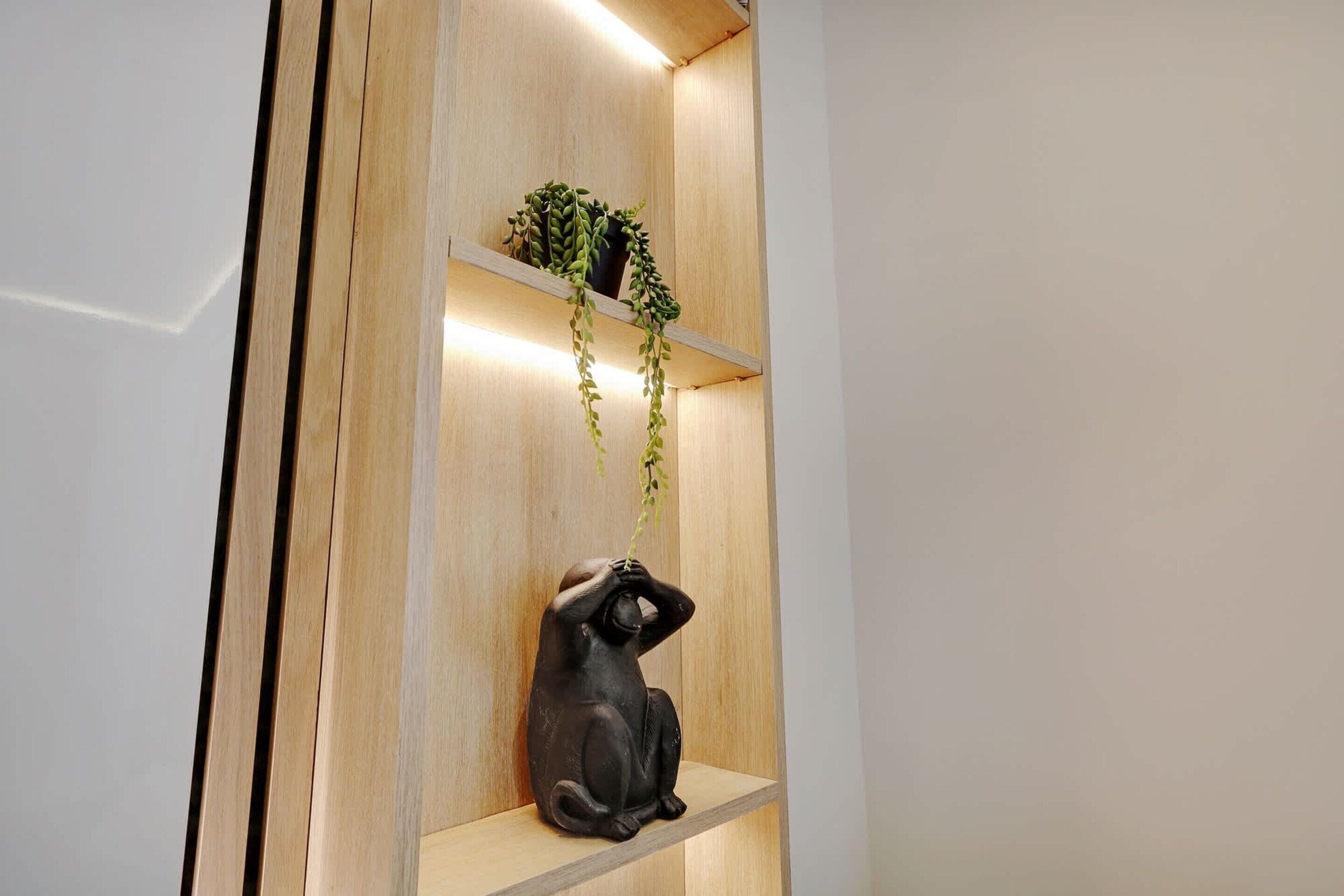 Una estantería de madera con una planta en maceta y una escultura negra.