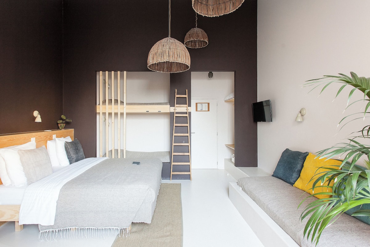 A modern bedroom with a bunk bed, a bedside table, a lamp, and a plant.
