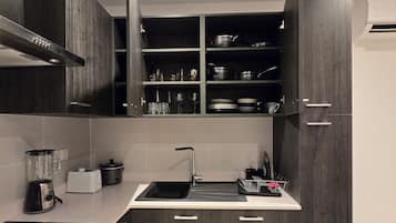 Luxury Apartment, 1 Bedroom, Garden View | Private kitchen | Rice cooker, blender, cleaning supplies, freezer