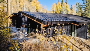 A modern cabin with a sloped roof, surrounded by autumn foliage and a forest backdrop.