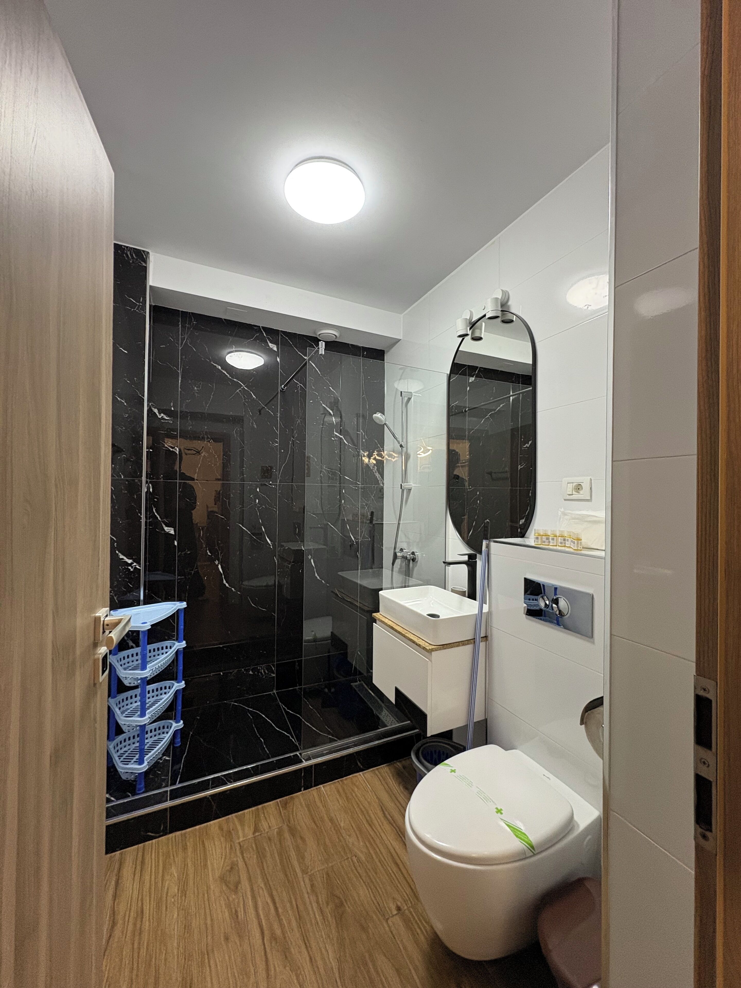 Ein modernes Badezimmer mit einer Glastrennwand-Dusche, einem weißen Waschbecken und einer Toilette.