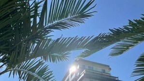 A multi-story building with balconies, a parking area with cars, and palm trees in the foreground. - Signature Promenada Hotel-Apartments 2 (Navodari)