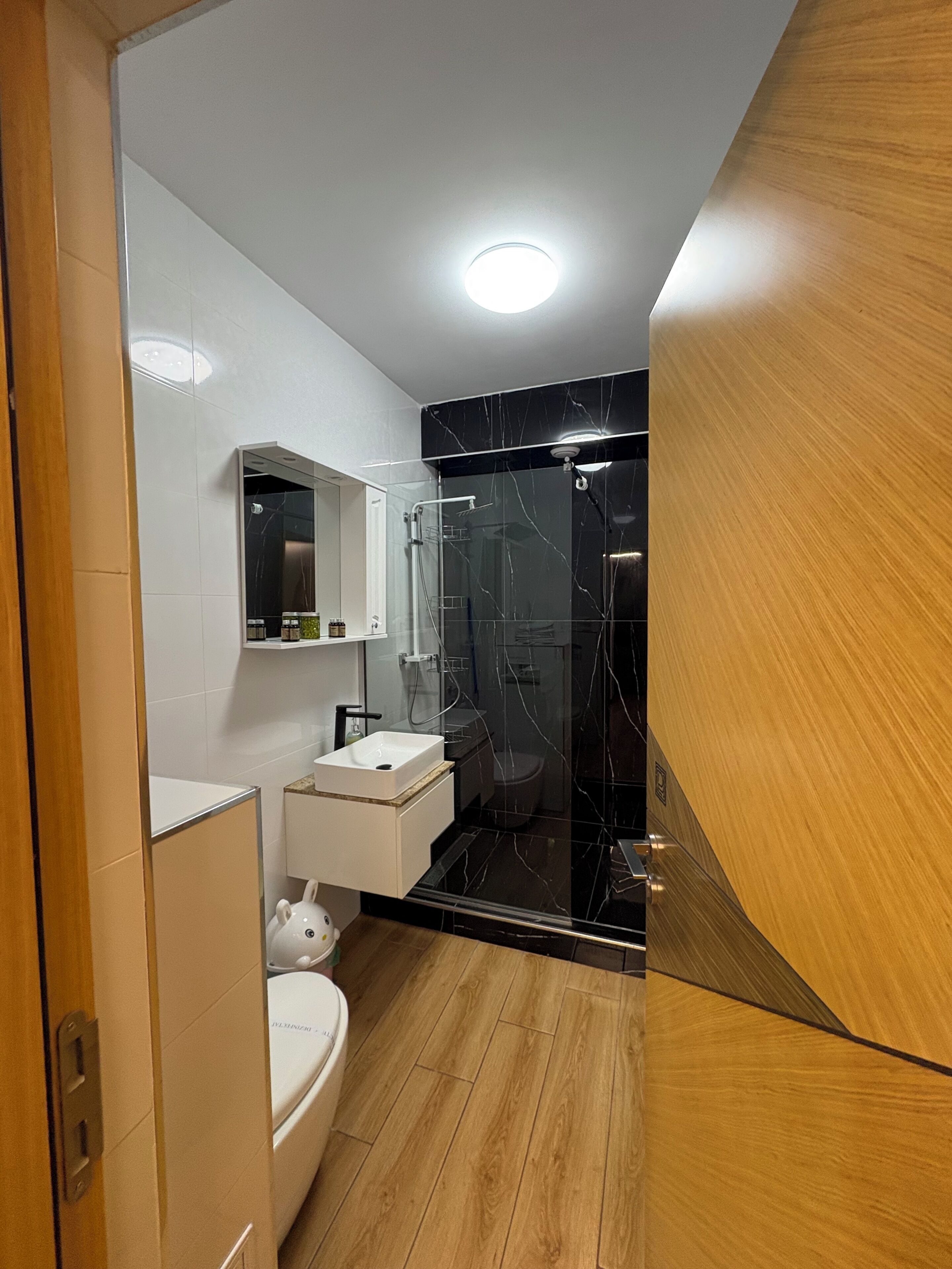 A modern bathroom with a glass shower enclosure, a white sink, and a toilet.