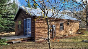 Une petite cabane en rondins avec une porte d’entrée en verre, une petite fenêtre et un toit en métal.