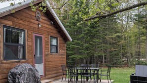 Une cabane en bois dotée d’un barbecue couvert, d’une table de patio avec des chaises, et bordée par une forêt.