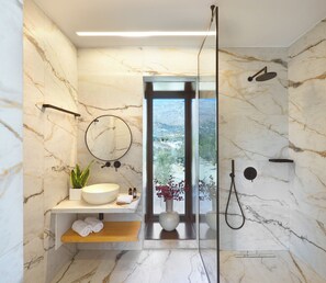 Shower, eco-friendly toiletries, hair dryer, towels