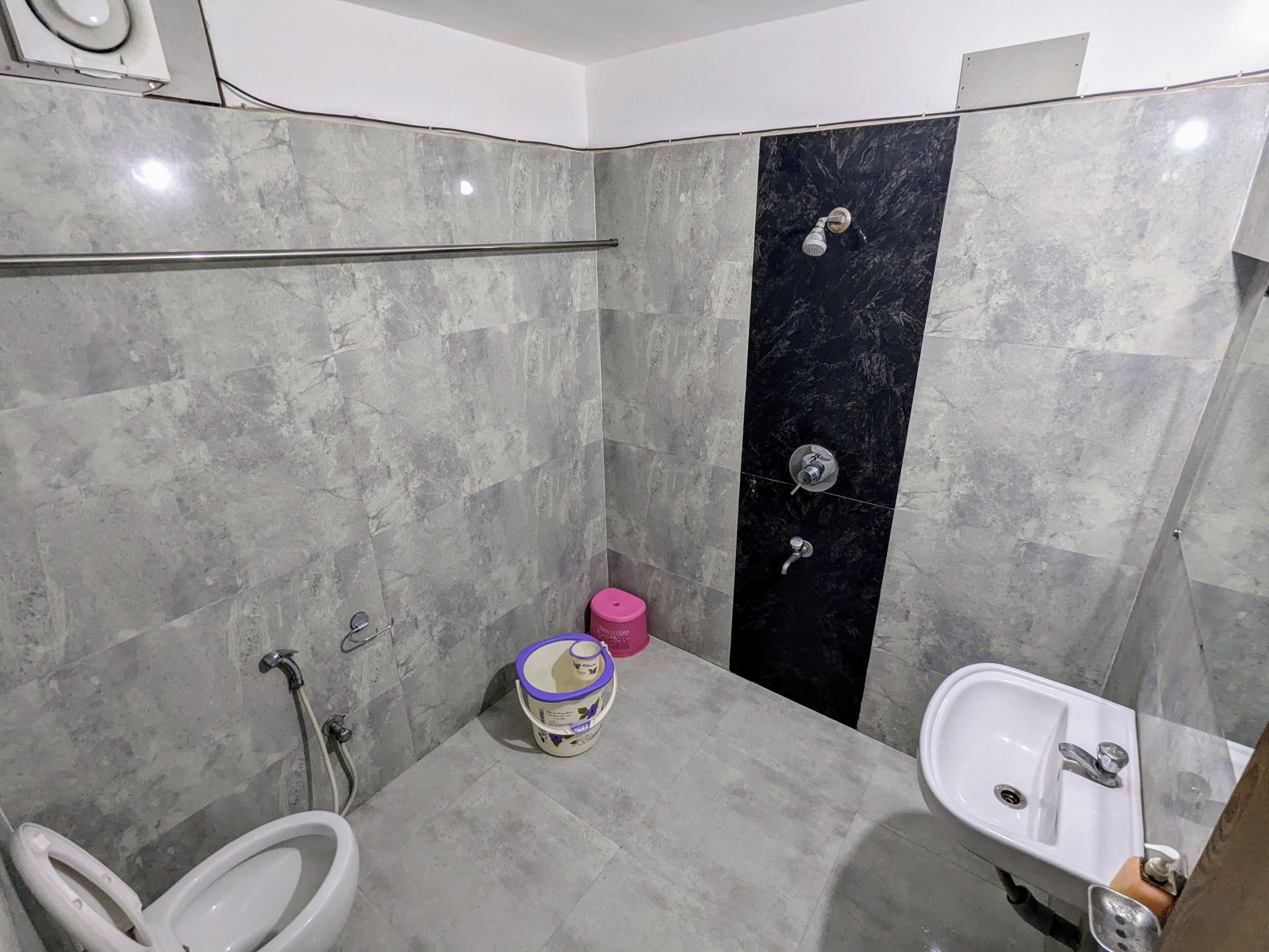 A bathroom with a toilet, bidet, shower, and sink.