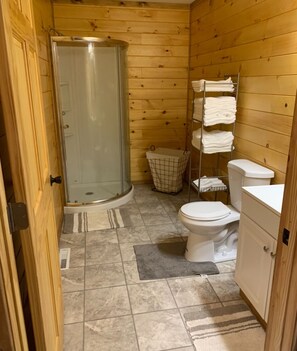 Hair dryer, towels, toilet paper