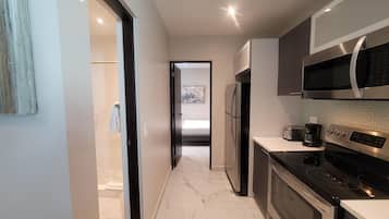 Apartamento, 1 cama de matrimonio con sofá cama | Cocina privada | Frigorífico grande, microondas, placa de cocina y cafetera o tetera