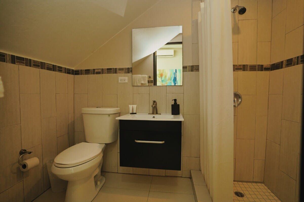 A compact bathroom with a toilet, sink, and shower.