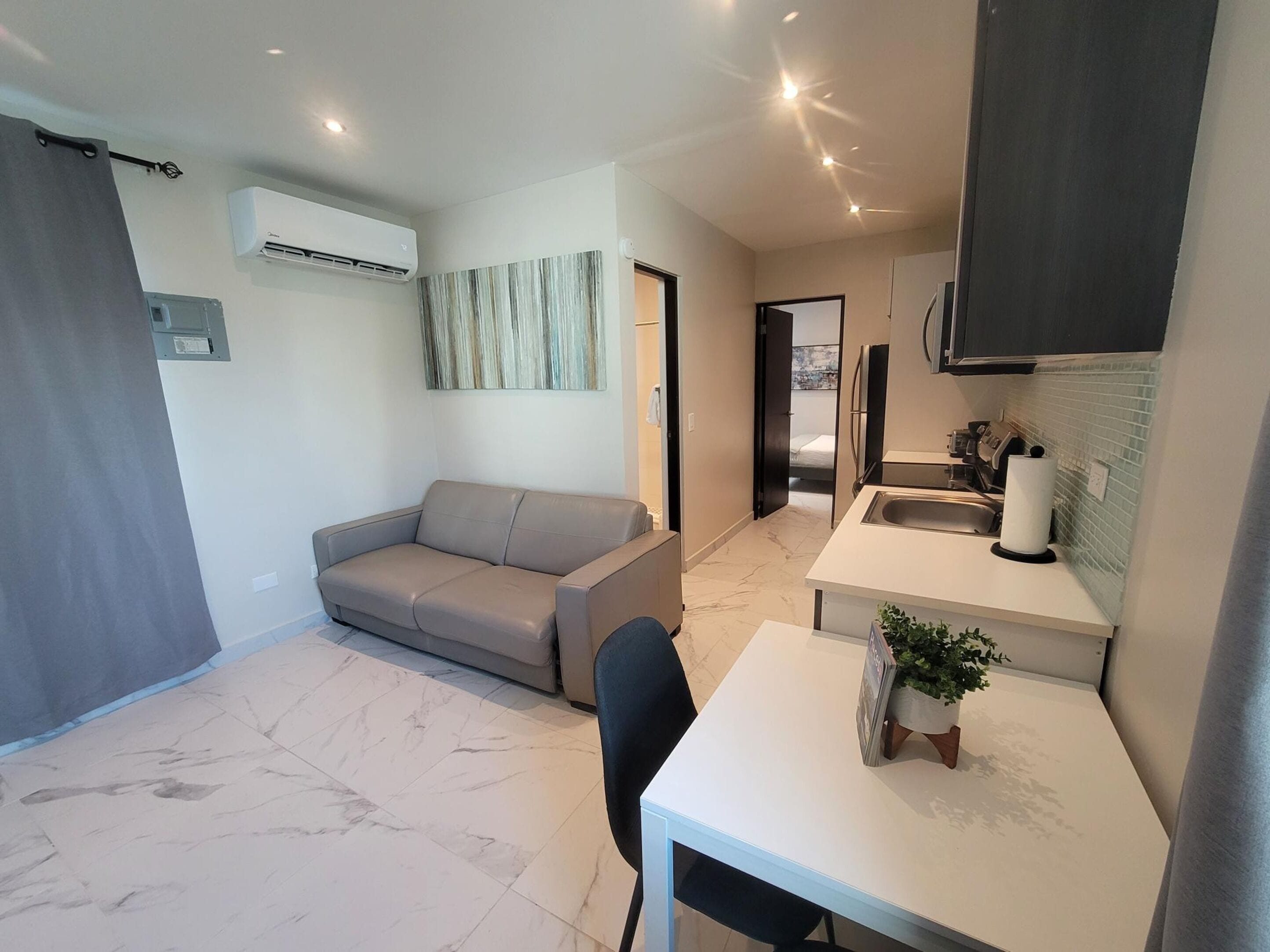 Apartamento, 1 cama Queen e sofá-cama | Área de estar | TV de tela plana 40 polegadas com canais digitais, serviços de streaming