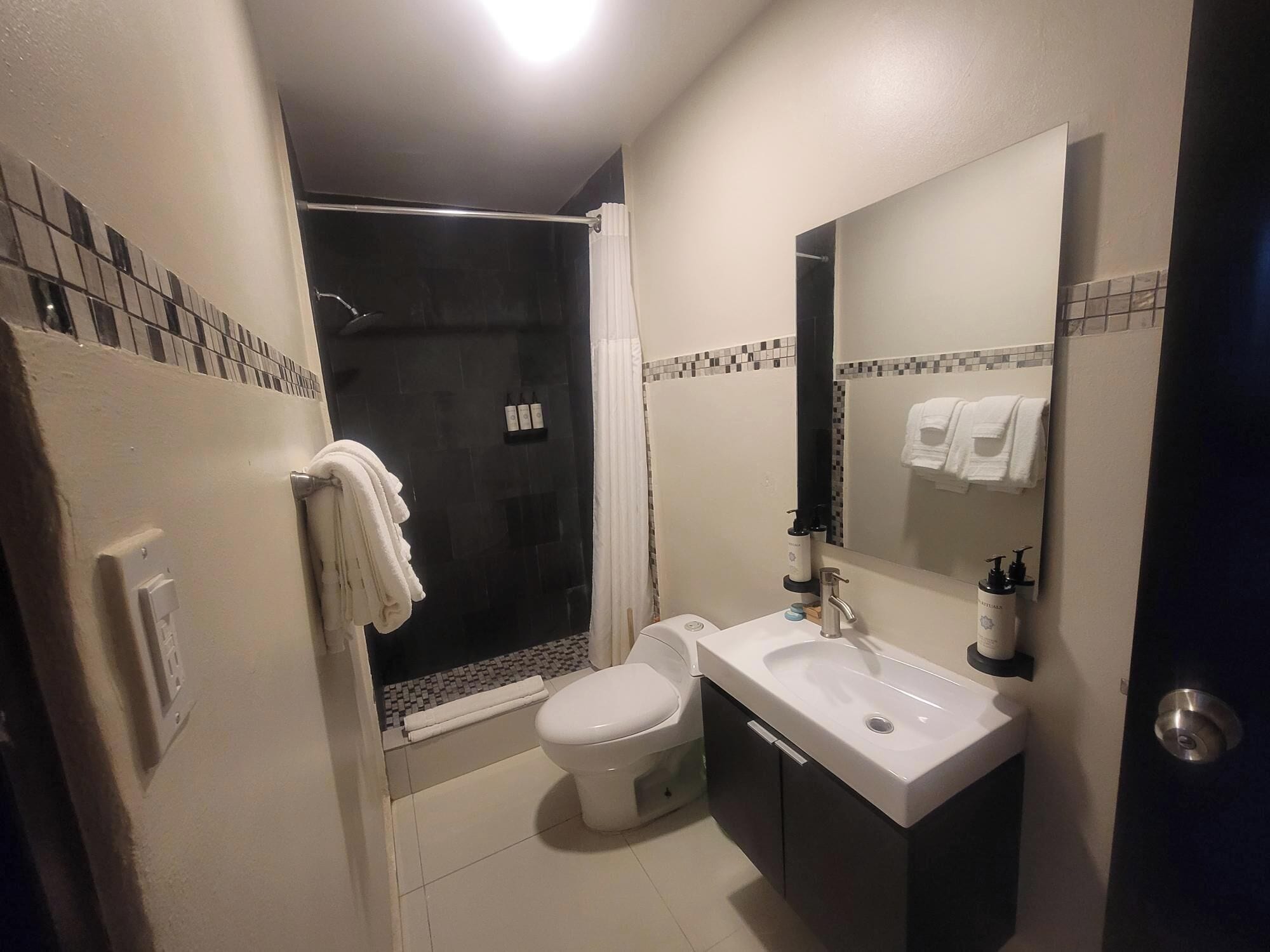 Un baño con ducha, inodoro, lavabo y espejo.
