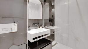 A modern bathroom with a large mirror, two sinks, and a shower area. - Authentic apt - 2br/6p - Rue des Martyrs - Opera (Paris)