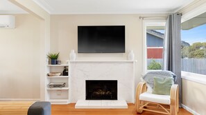 Televisión, chimenea y libros 