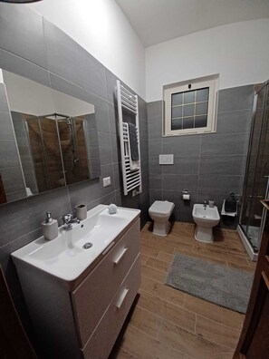 Hair dryer, bidet, towels, soap