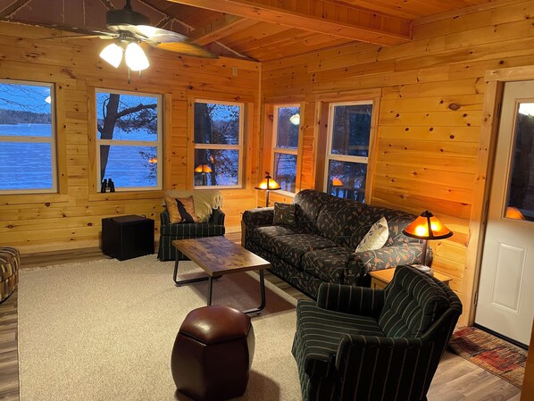 Smart TV, fireplace, video games, DVD player