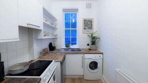 Una cocina compacta con estufa, lavamanos y lavadora, una ventana y un cuadro en la pared.