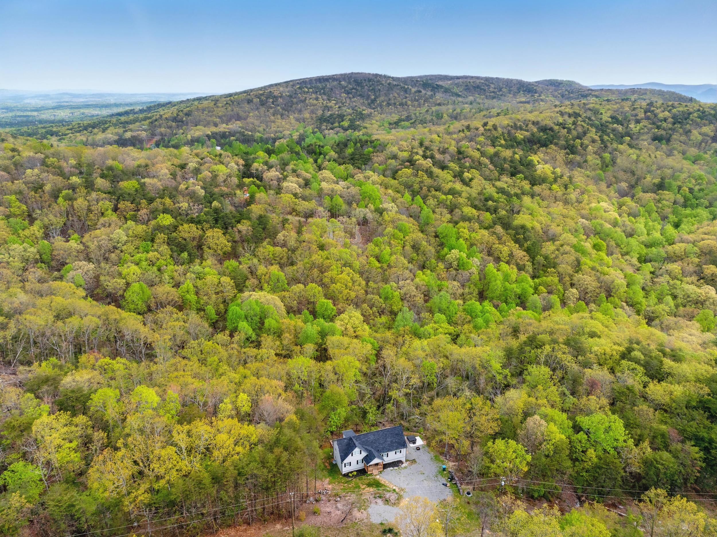 A house surrounded by dense forest with a clear view of the surrounding hills.