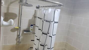 Shower, bidet, soap, toilet paper