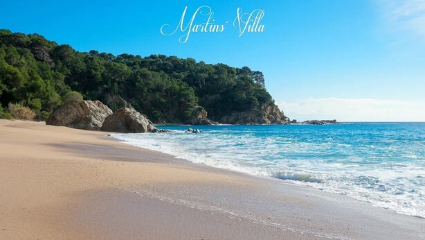Una playa con aguas azul cristalino, una orilla arenosa y un acantilado rocoso con vegetación.