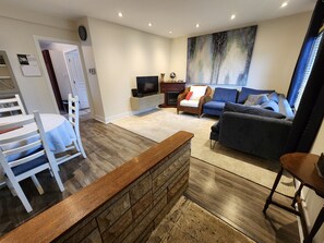 Smart TV, fireplace, books