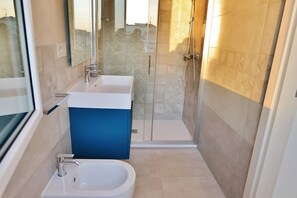 Shower, hair dryer, bidet, towels