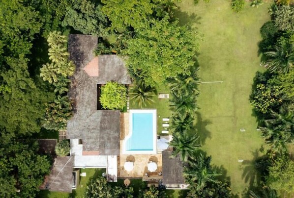 A house with a swimming pool, surrounded by lush greenery and palm trees. - Yeguas V43 by Wynwood House (Anapoima)