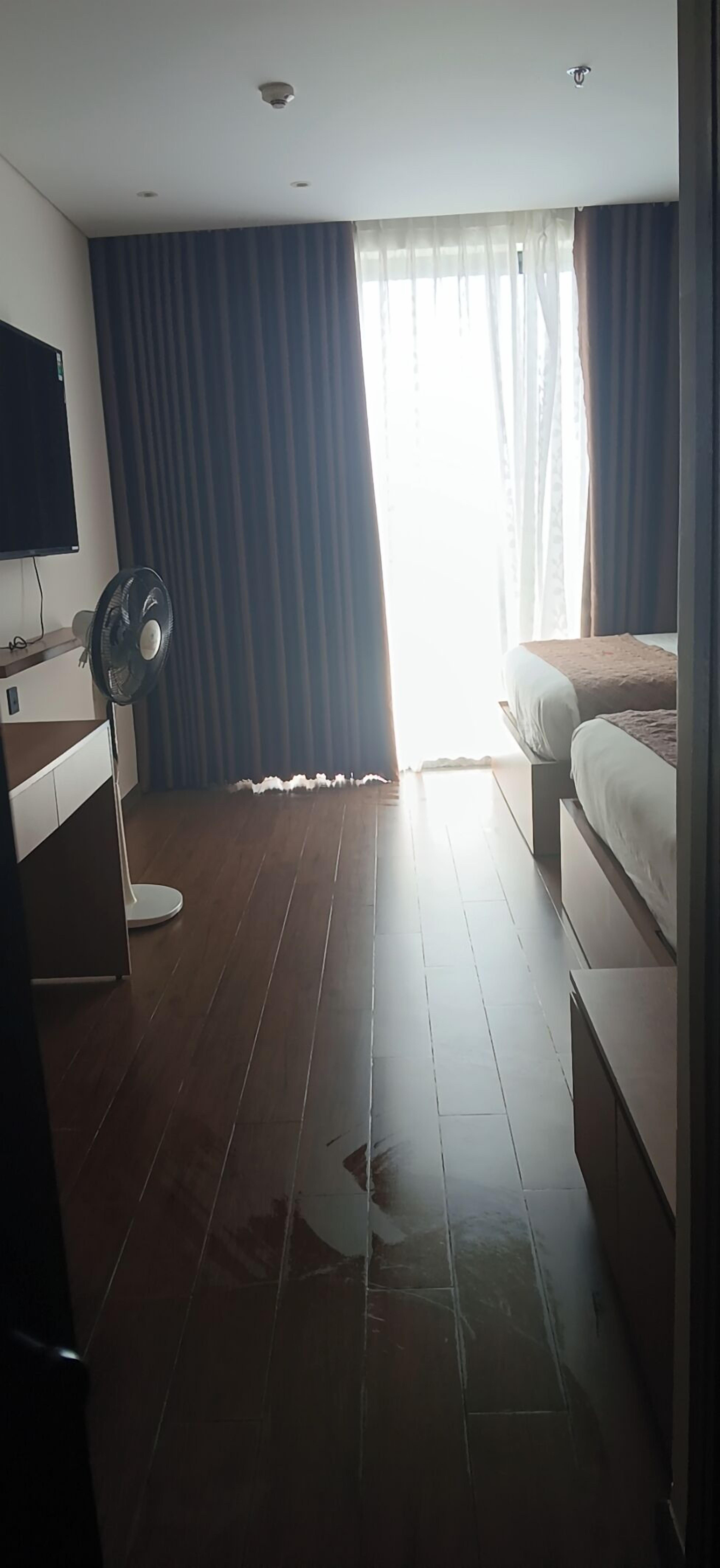 A hotel room with a bed, a desk with a chair, a standing fan, and a television on the wall.