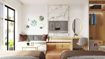 Quarto duplo luxo, vista para o oceano | Escrivaninha, espaço de trabalho para notebook, cortinas blackout