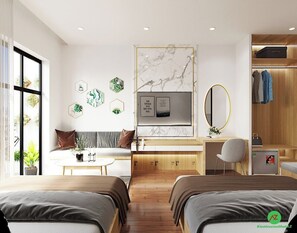 Deluxe Twin kamer, uitzicht op oceaan | 1 slaapkamer, een bureau, een laptopwerkplek, verduisterende gordijnen