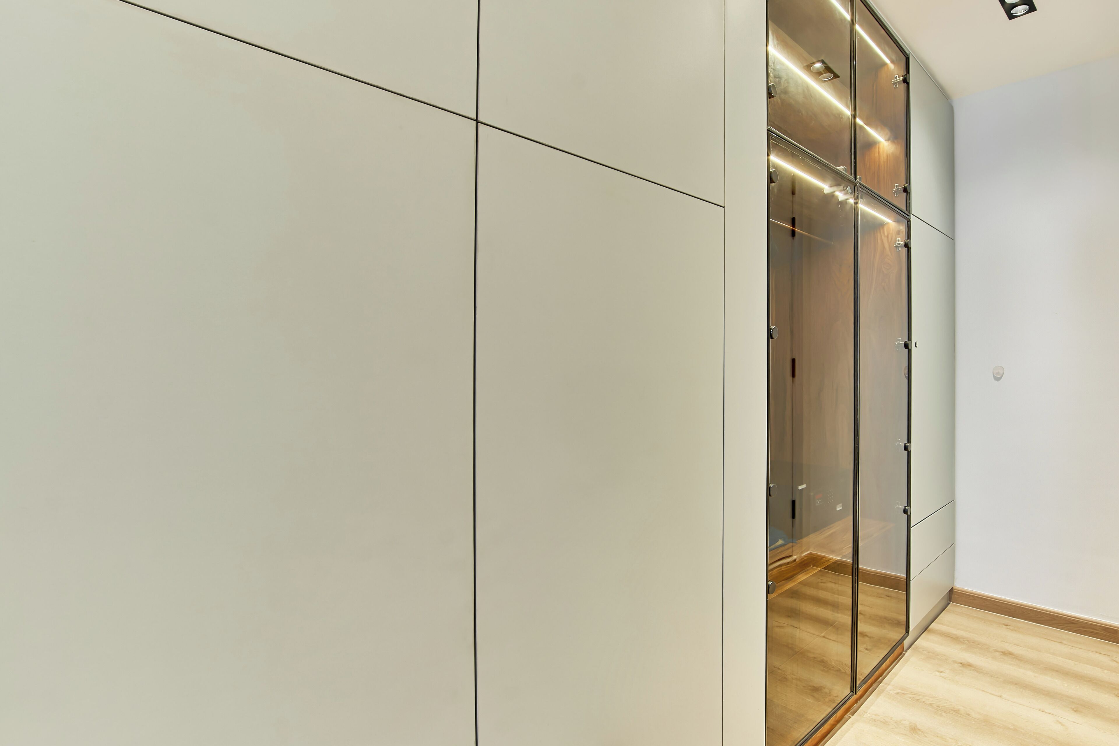A modern, minimalist room with a large wardrobe, a wooden floor, and a glass partition.
