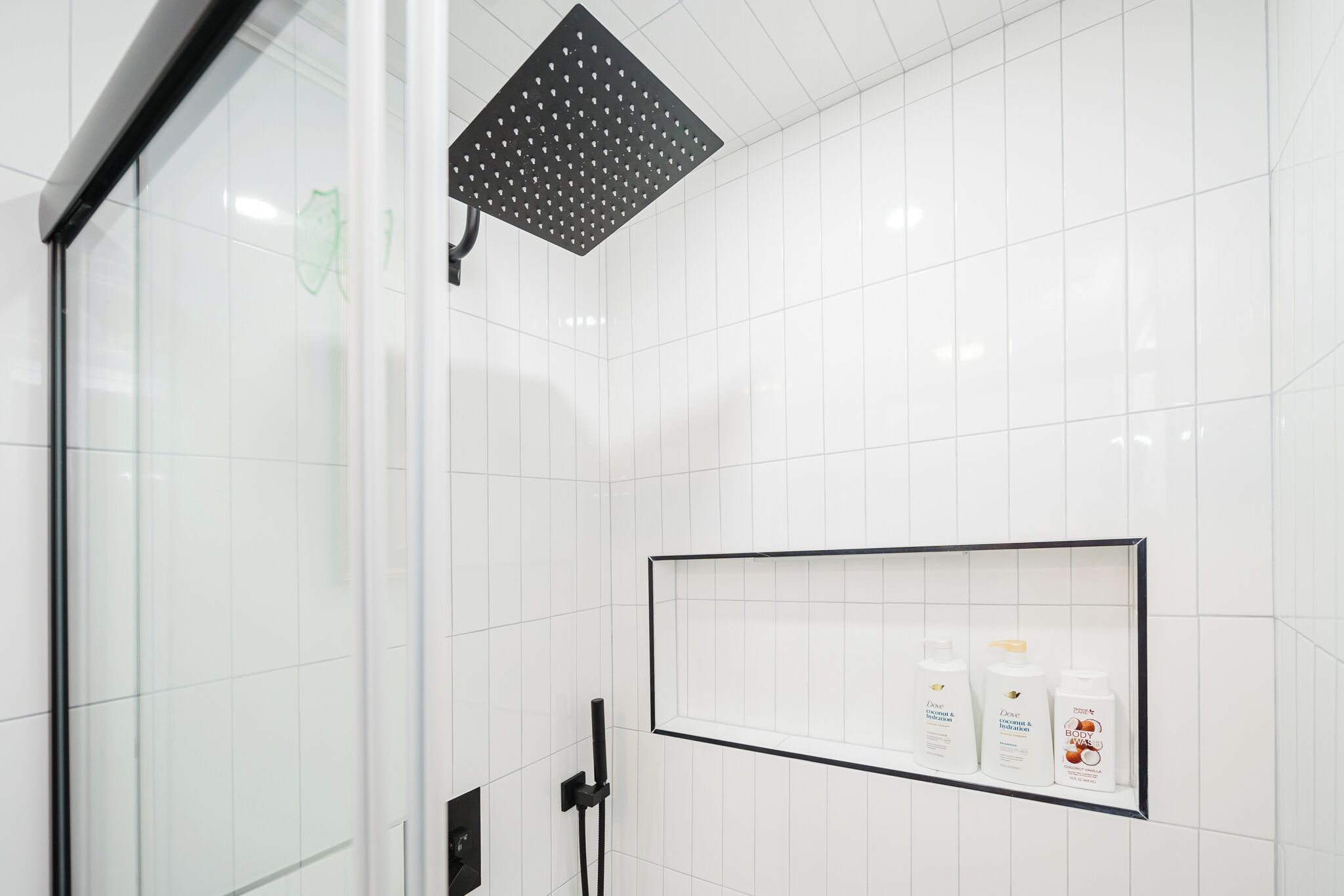 Hair dryer, towels, soap, shampoo