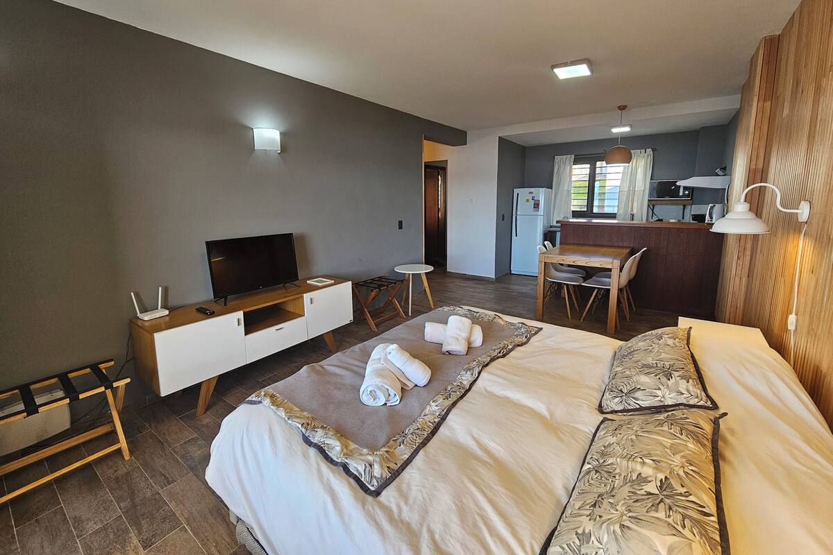 Habitación de hotel moderna con una cama grande, televisión, escritorio y una kitchenette al fondo.