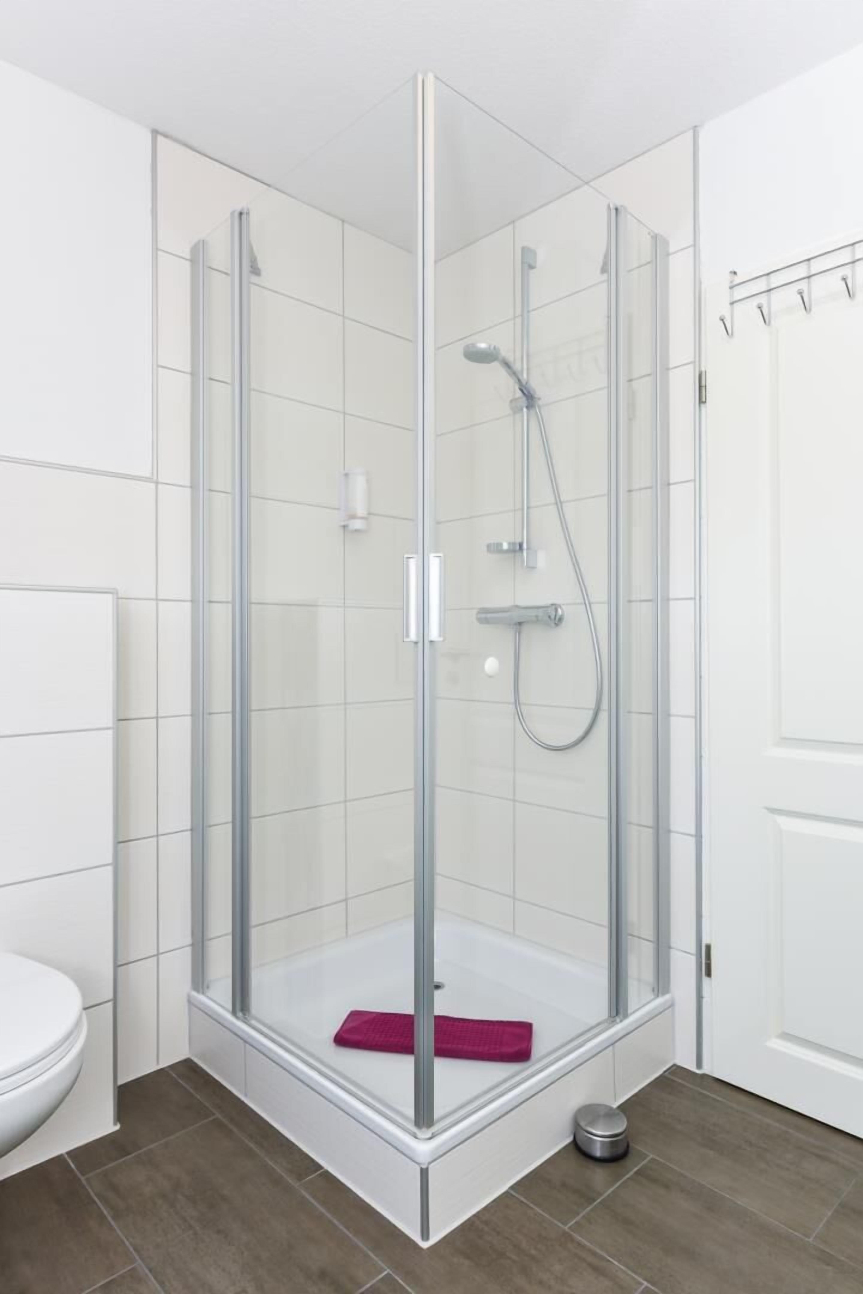 A glass-enclosed shower with a handheld showerhead and a handheld faucet.