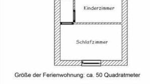 A floor plan of a vacation home with a terrace, kitchen, living room, bathroom, and children's room. - House Strandkorb apartment Strandkob 2 (Bensersiel)