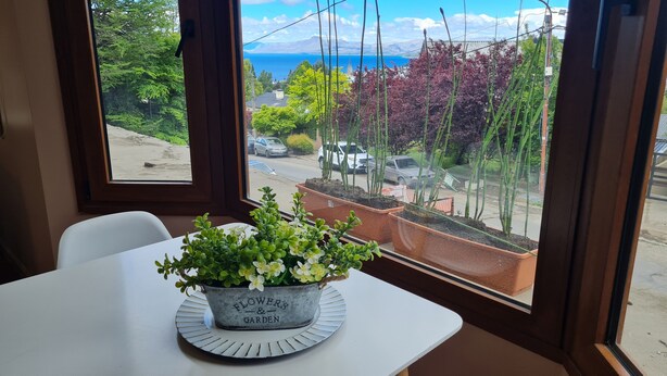 Ein Tisch mit einem Blumentopf vor einem Fenster mit Blick auf eine Straße, an der Autos und Grünflächen zu sehen sind.