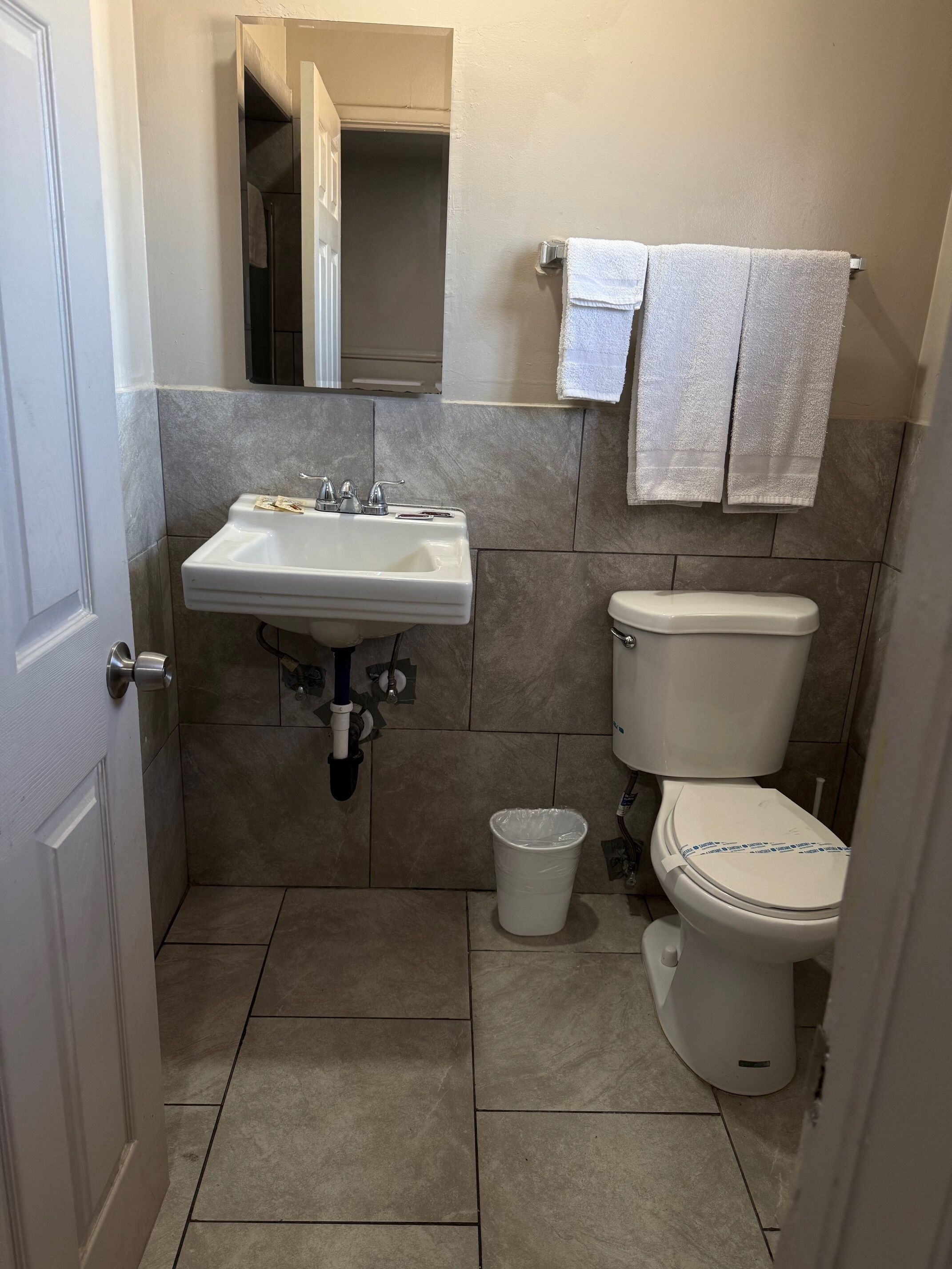 A small bathroom with a sink, toilet, and a trash bin.