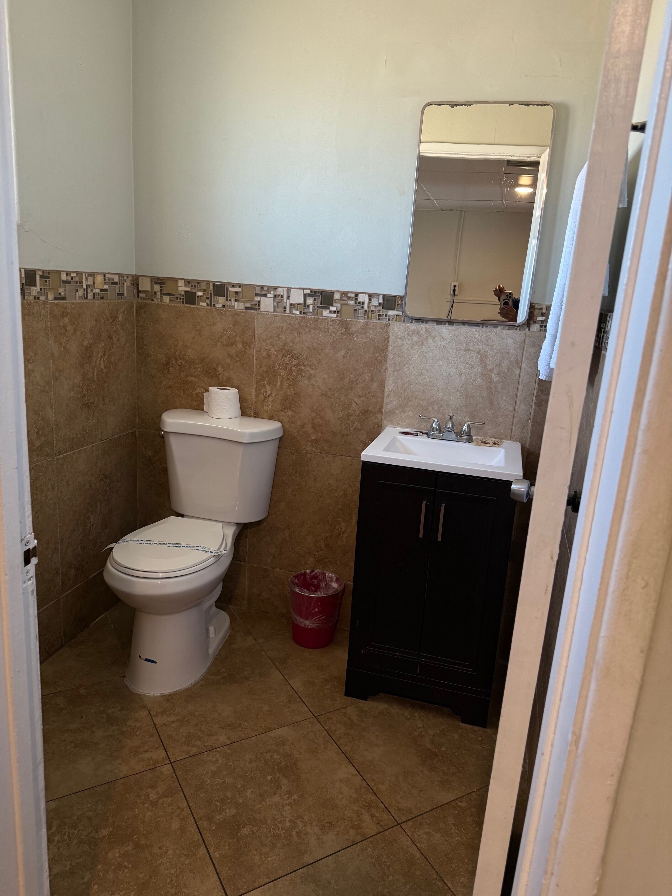 Un baño con inodoro, lavabo y espejo.
