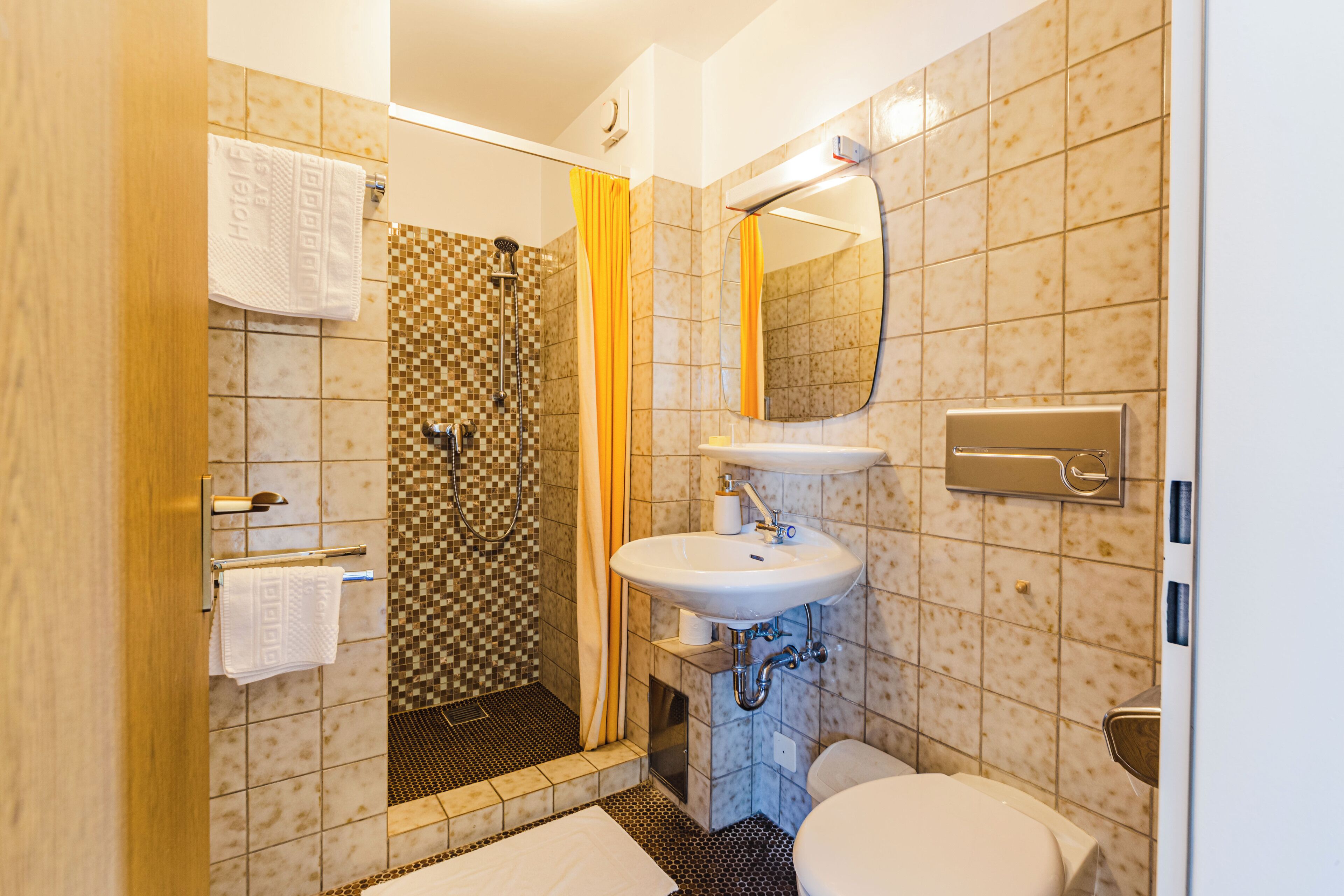Une salle de bain équipée d’une douche, de toilettes, d’un lavabo et d’un miroir.