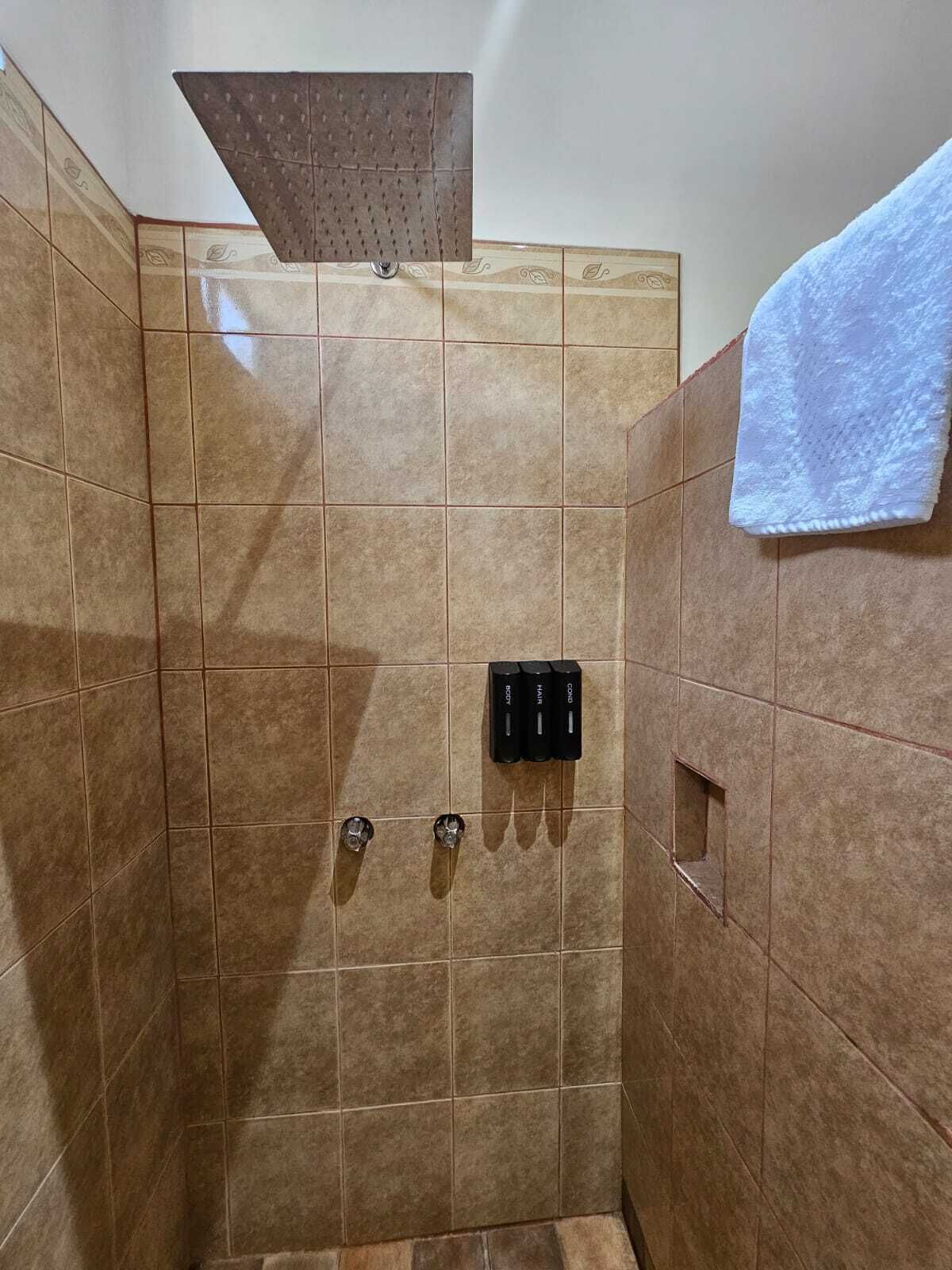 A shower area with brown tiles, a towel hanging on the wall, and a control panel with buttons labeled "ECO," "WASH," and "COND."