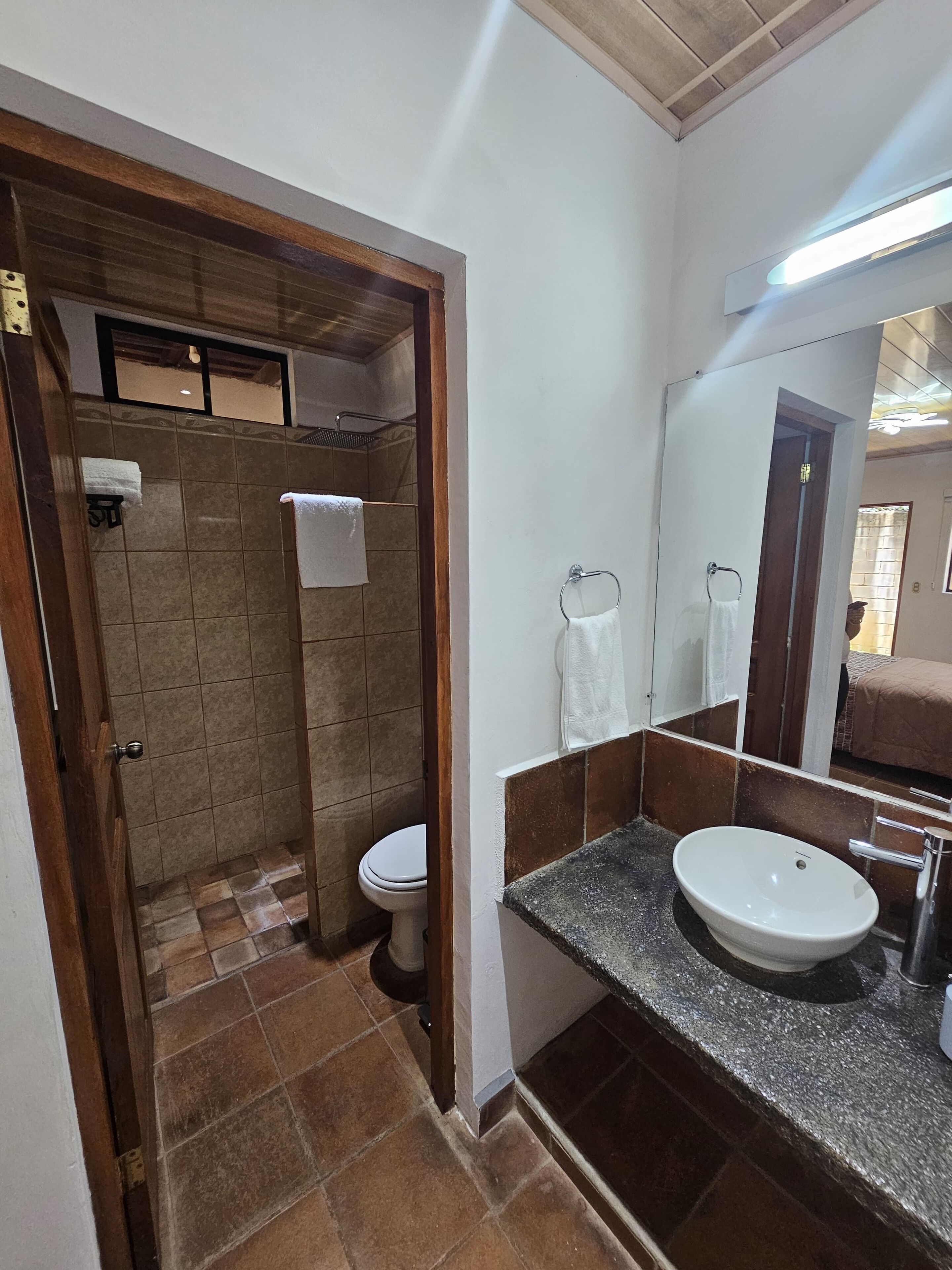 A bathroom with a shower, toilet, and sink.